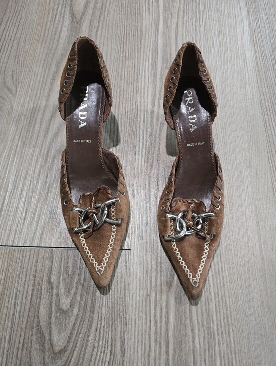 Prada Shoes - Prada Brown Suede Pointed Chain-Embellished Pumps Vintage